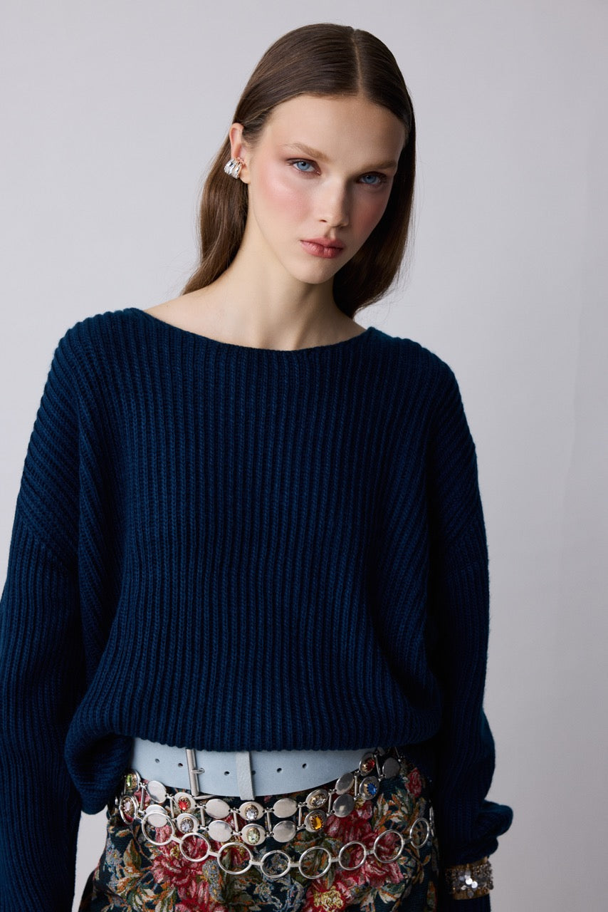 Dome Navy Rib Knit Sweater, Open Back by Natalie Kolyozyan, Relief AW26