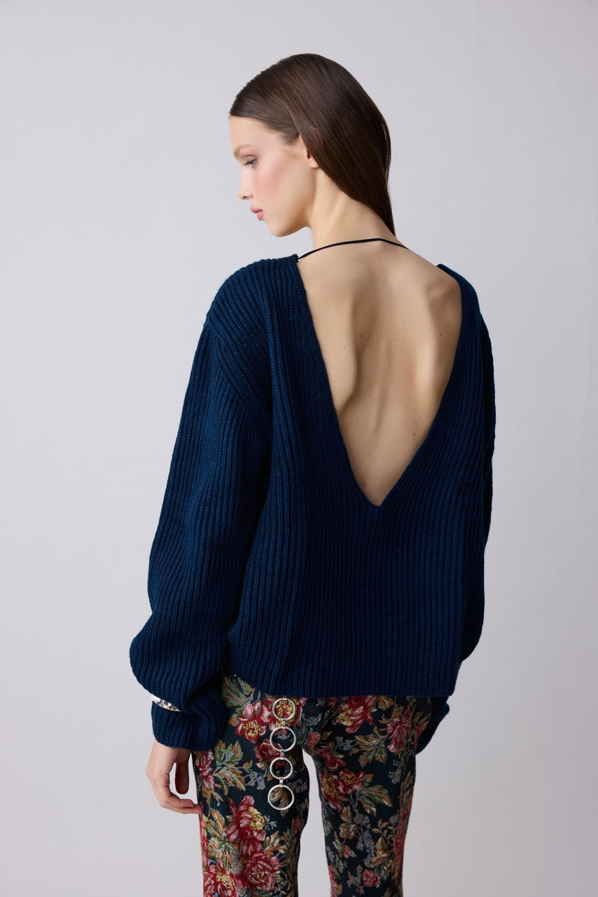 Dome Navy Rib Knit Sweater, Open Back by Natalie Kolyozyan, Relief AW26, view 3