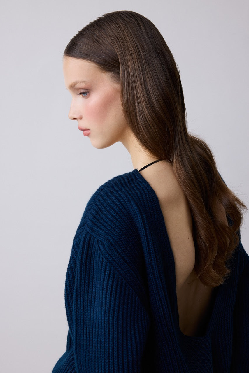 Dome Navy Rib Knit Sweater, Open Back by Natalie Kolyozyan, Relief AW26, Look 10 campaign image