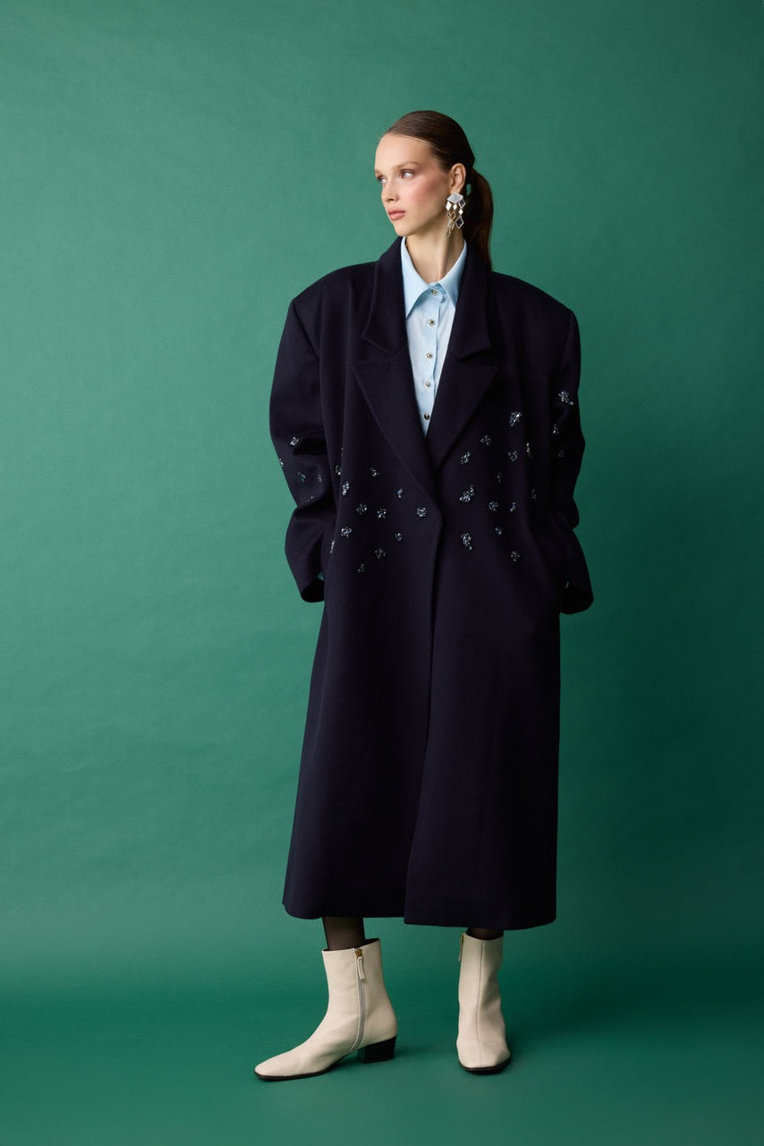 Quartz Navy Crystal Wool-Cashmere Coat by Natalie Kolyozyan, Relief AW26