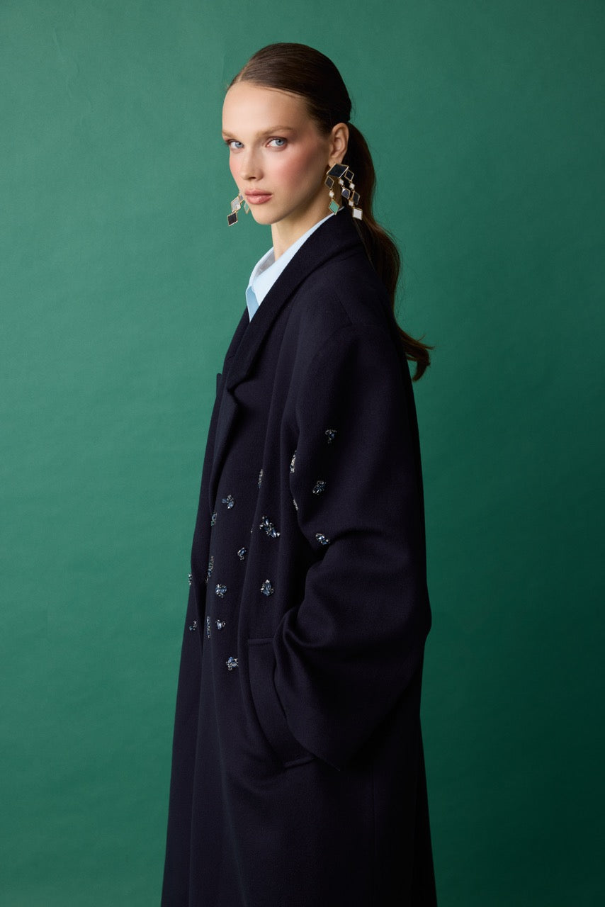 Quartz Navy Crystal Wool-Cashmere Coat by Natalie Kolyozyan, Relief AW26, view 2