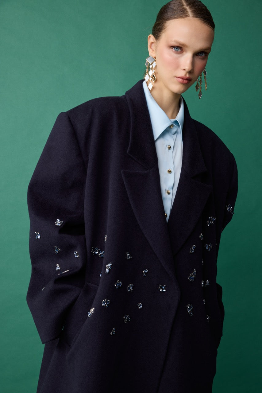 Quartz Navy Crystal Wool-Cashmere Coat by Natalie Kolyozyan, Relief AW26, view 3