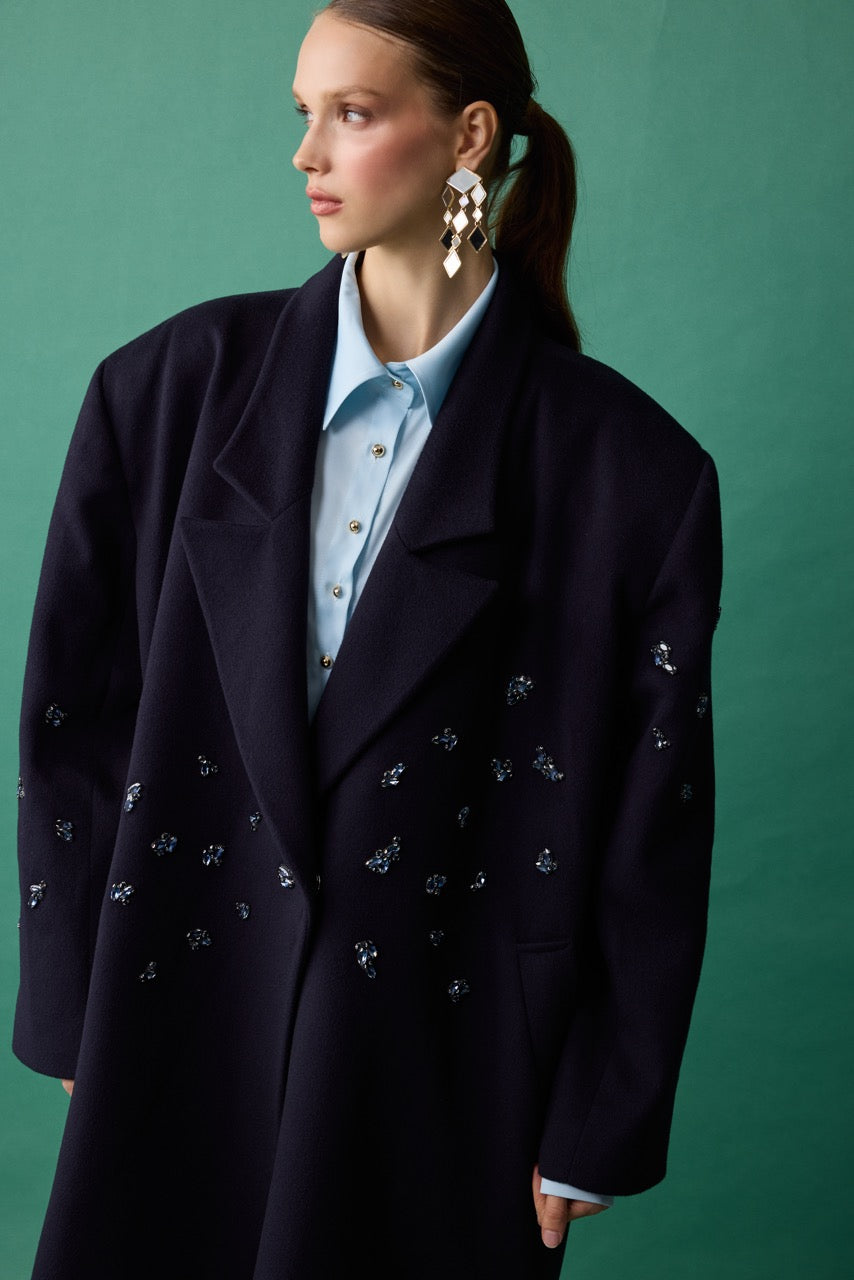 Quartz Navy Crystal Wool-Cashmere Coat by Natalie Kolyozyan, Relief AW26, view 5