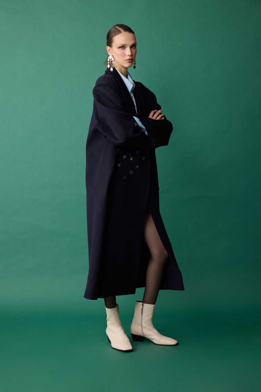Quartz Navy Crystal Wool-Cashmere Coat by Natalie Kolyozyan, Relief AW26, Look 23 campaign image