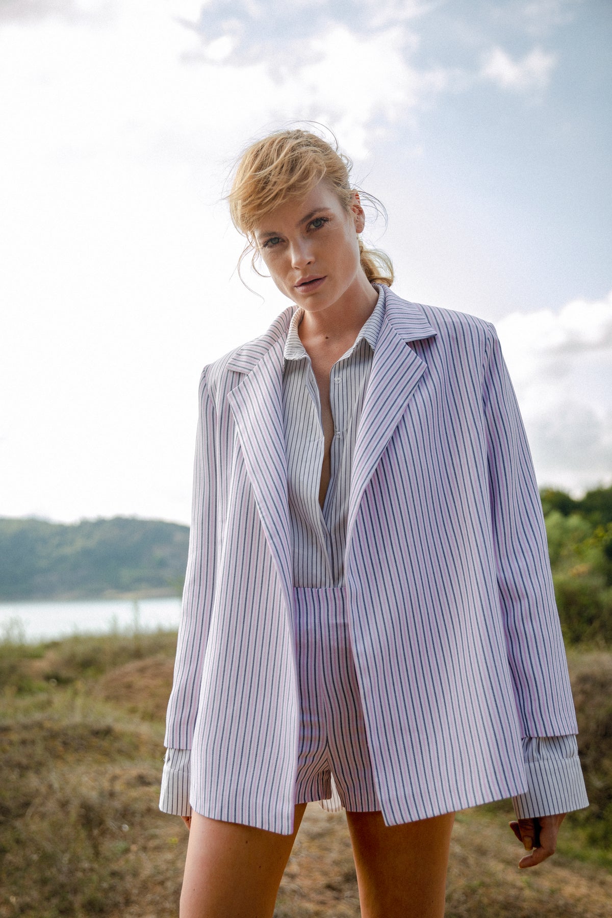 Ticking Blazer Look by Natalie Kolyozyan, Ripple SS19