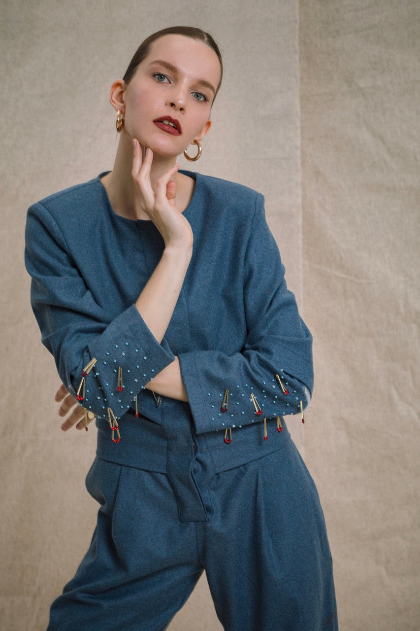 Spark Cropped Jacket Spark Wool Trousers by Natalie Kolyozyan, Ember AW19