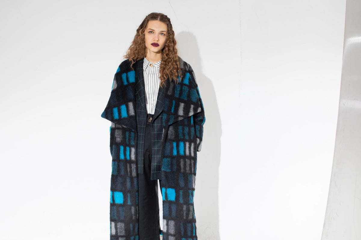 Overlap Check Mohair Coat Look by Natalie Kolyozyan, Not Equal AW20, view 3