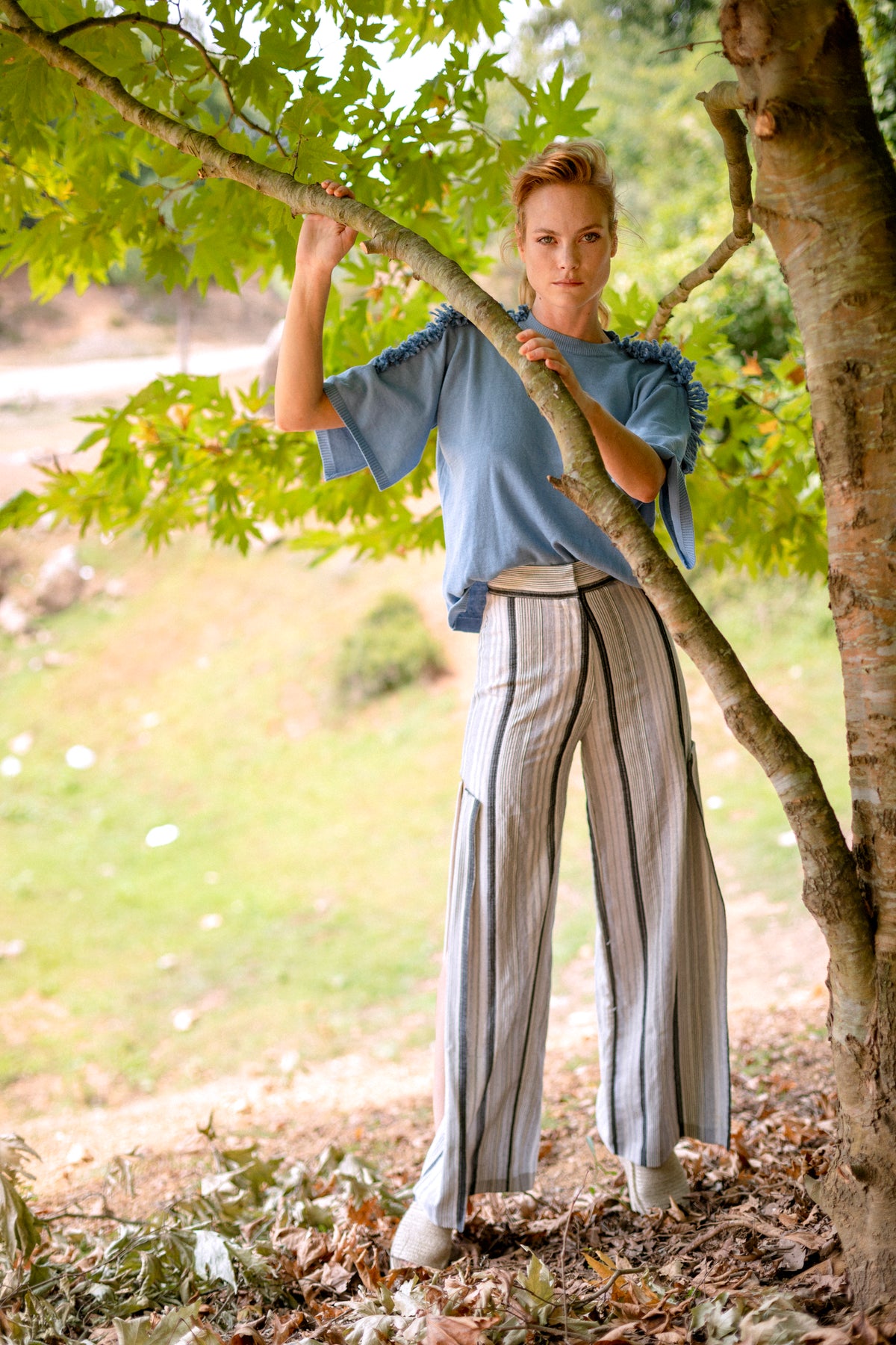 Fray Tasselled T-Shirt Ticking Trousers by Natalie Kolyozyan, Ripple SS19