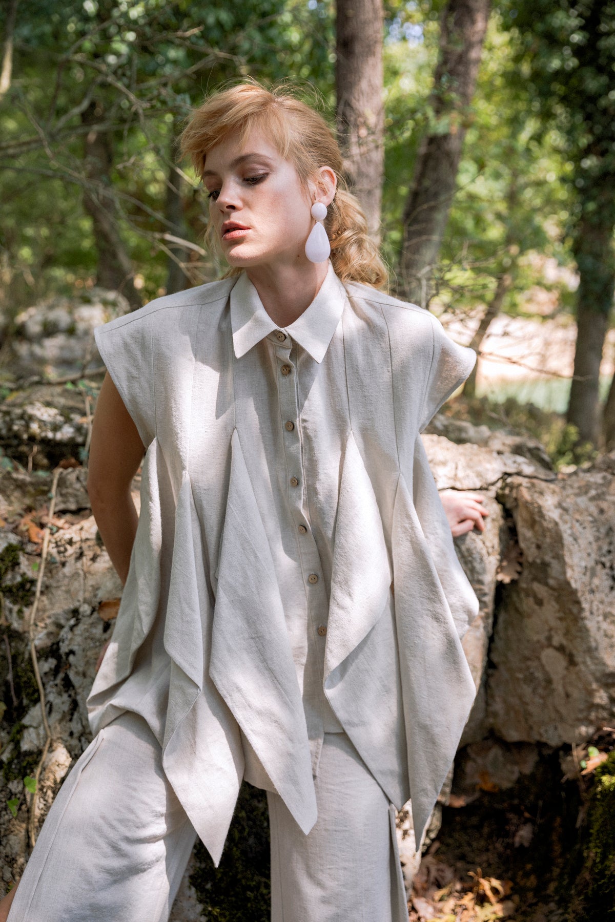 Raw Pointed-Panel Vest Raw Shirt by Natalie Kolyozyan, Ripple SS19