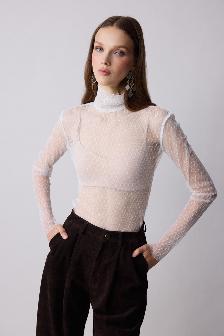 Lattice Sheer Mesh Turtleneck Bodysuit by Natalie Kolyozyan, Relief AW26