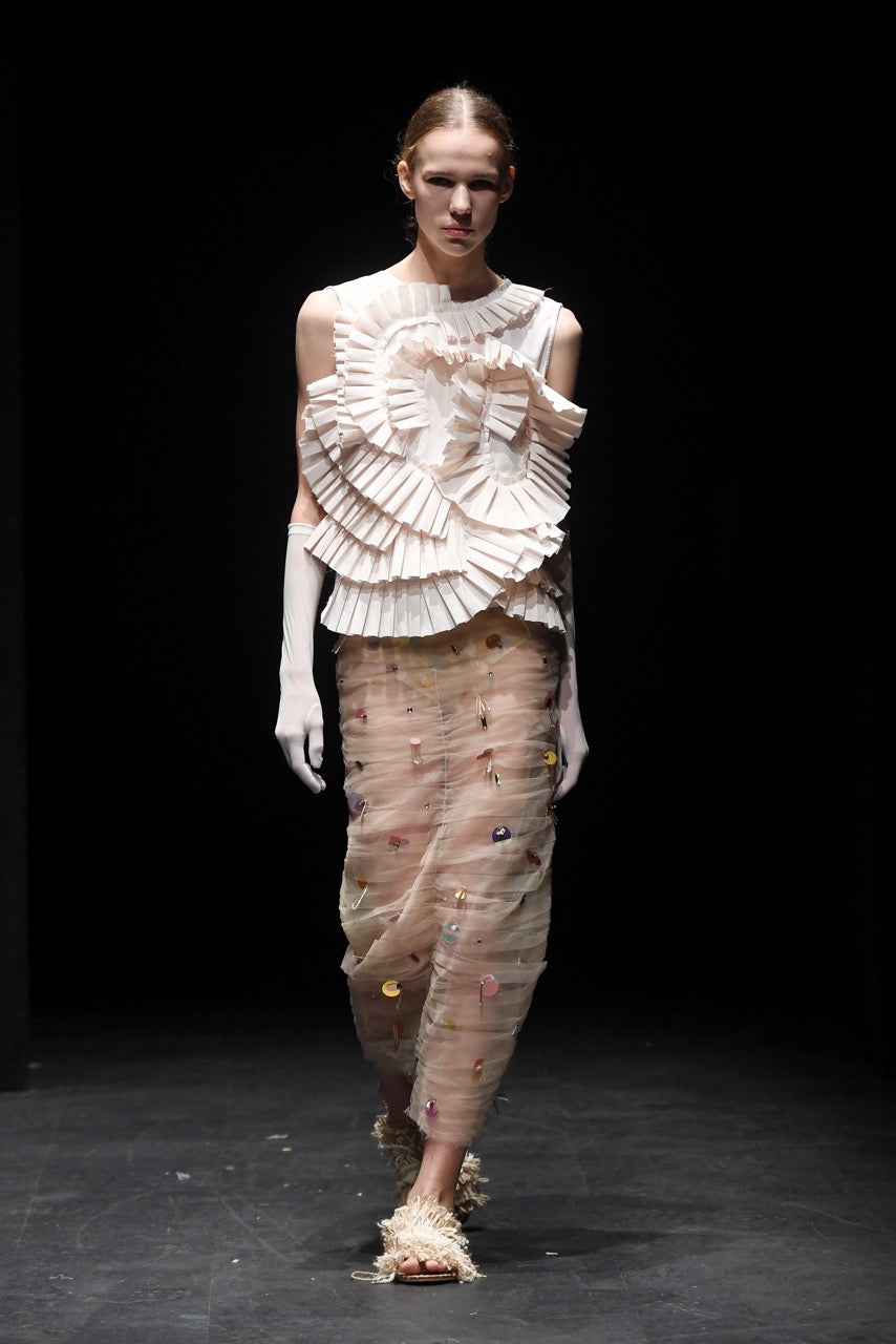 Corsage Pleated Rose Blouse Look by Natalie Kolyozyan, Saturday Night Sunday Morning SS20