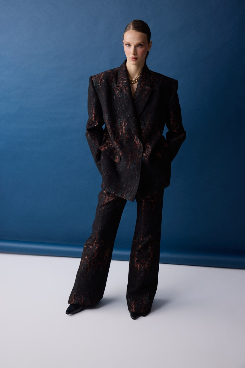 Bronze Jacquard Wide-Leg Trousers by Natalie Kolyozyan, Relief AW26, view 3