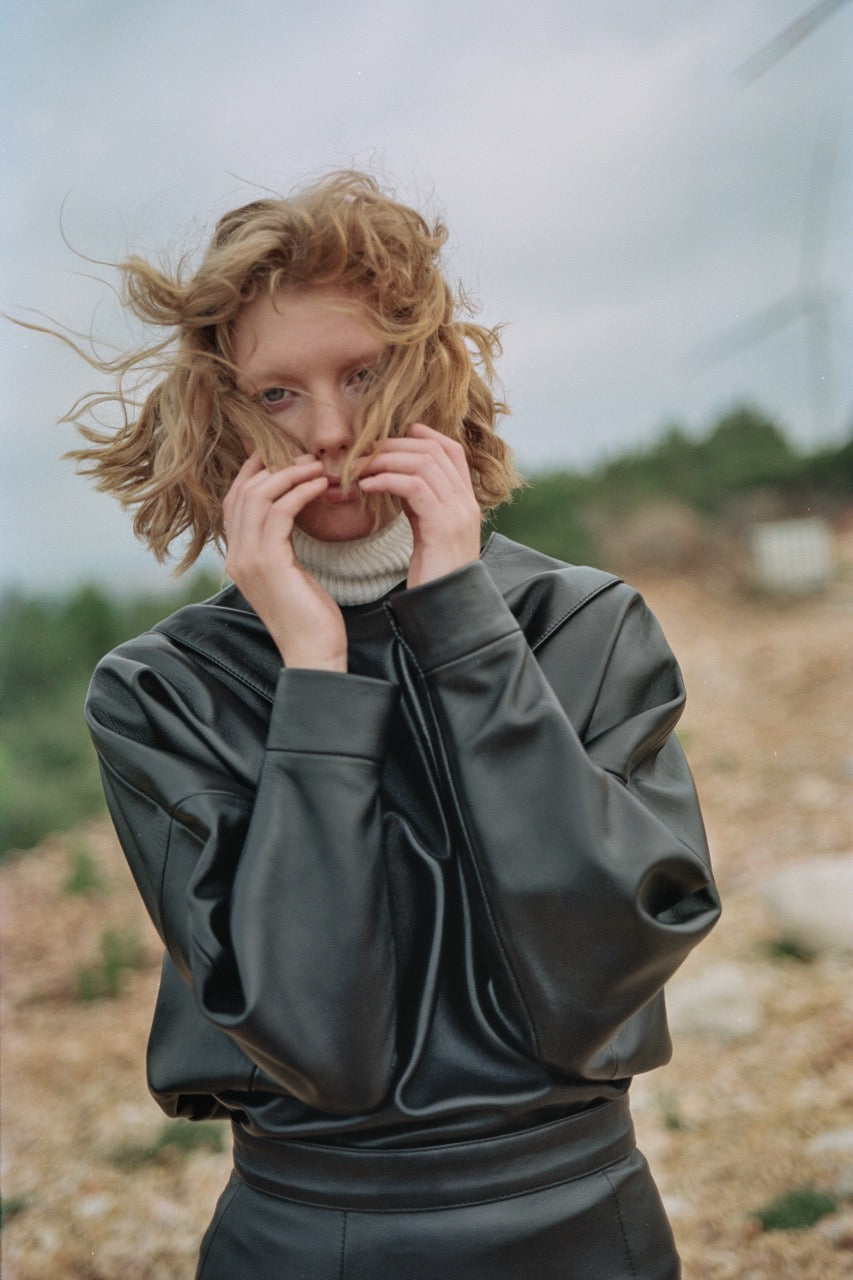Vortex Balloon-Sleeve Leather Jacket by Natalie Kolyozyan, Vicious Circle AW17
