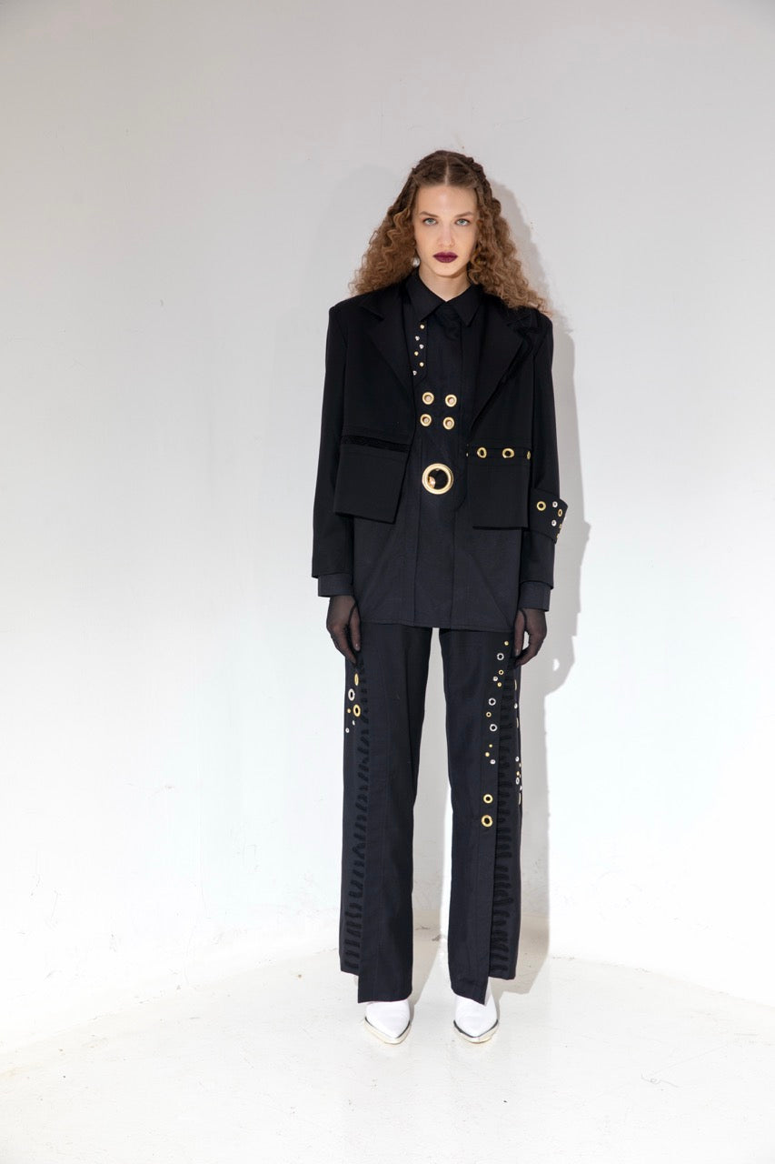 Offset Black Blazer Margin Birdseye Trousers by Natalie Kolyozyan, Not Equal AW20