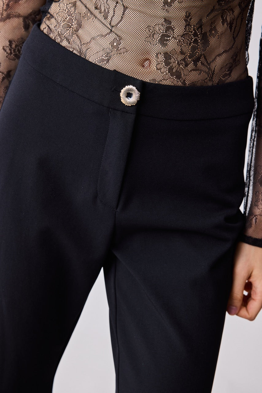 Column Black Flare Trousers – Night by Natalie Kolyozyan, Relief AW26, styled with the Tracery Lace Blouse