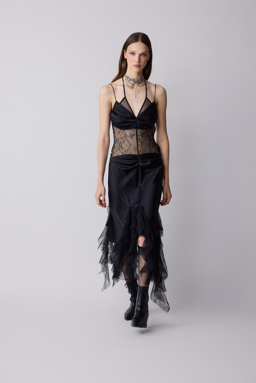 Marquina Black Satin & Lace Slip Dress by Natalie Kolyozyan, Relief AW26