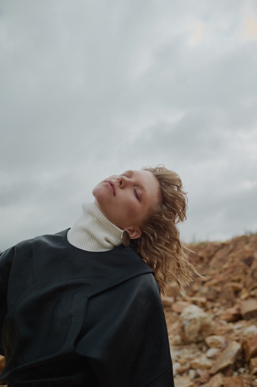 Orbit Leather Top Repeat Ecru Turtleneck Knit by Natalie Kolyozyan, Vicious Circle AW17