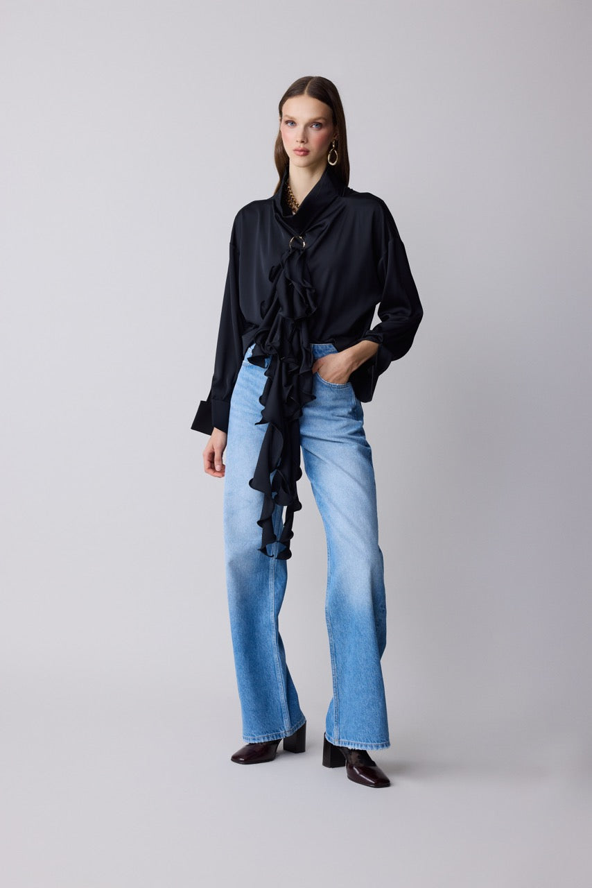 Onyx Black Satin Ruffle Jabot Blouse by Natalie Kolyozyan, Relief AW26, view 2
