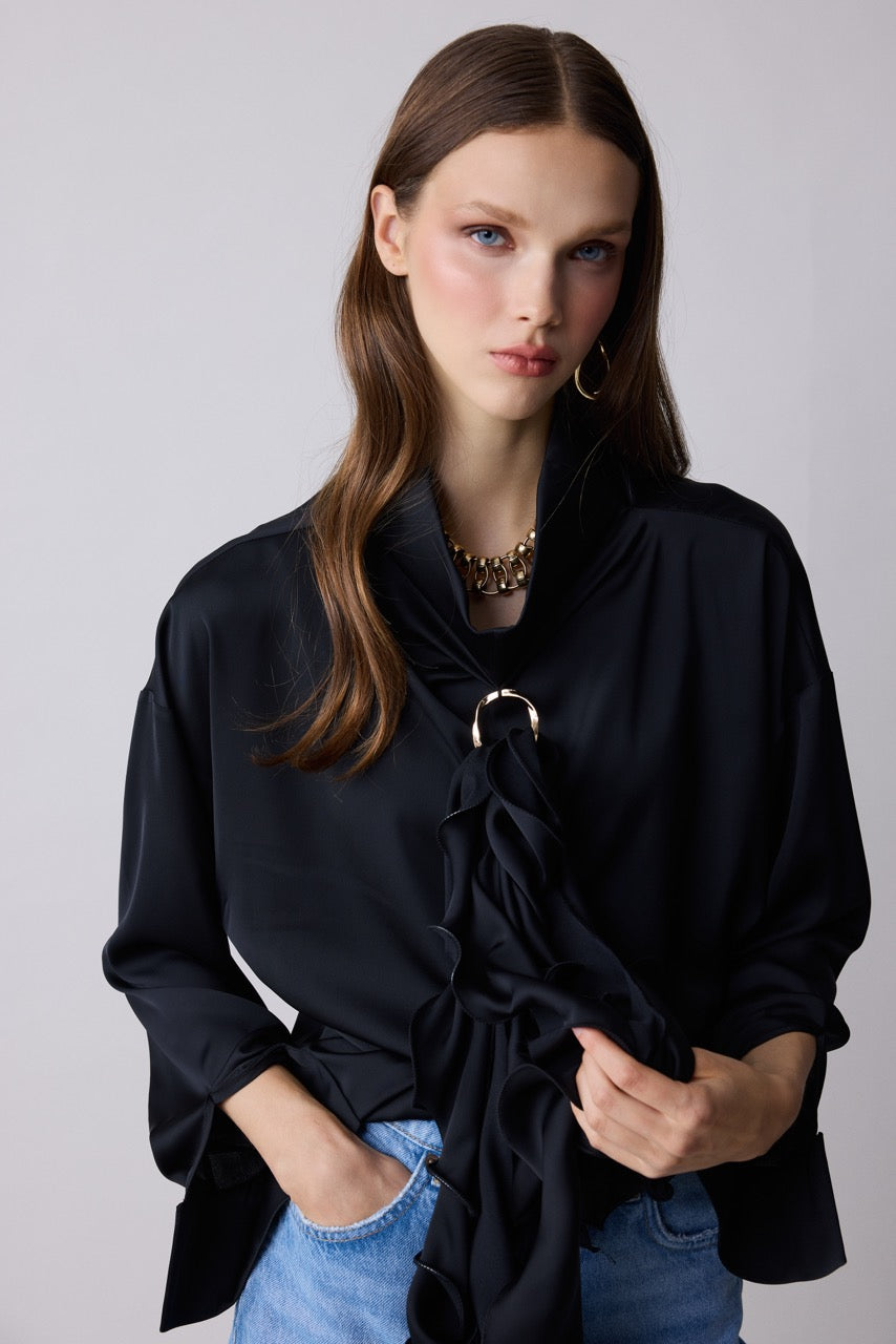 Onyx Black Satin Ruffle Jabot Blouse by Natalie Kolyozyan, Relief AW26, view 3