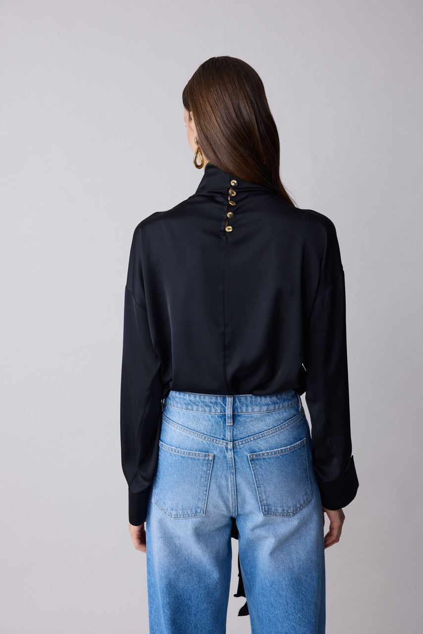 Onyx Black Satin Ruffle Jabot Blouse by Natalie Kolyozyan, Relief AW26, view 4