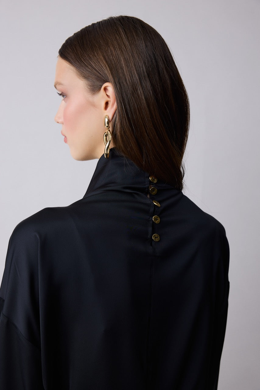 Onyx Black Satin Ruffle Jabot Blouse by Natalie Kolyozyan, Relief AW26, Look 12 campaign image