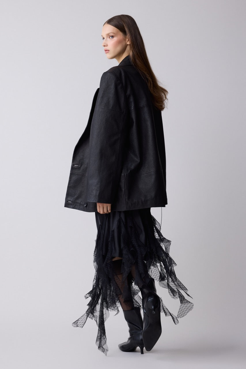 Obsidian Black Leather Blazer Jacket by Natalie Kolyozyan, Relief AW26, Look 7 campaign image