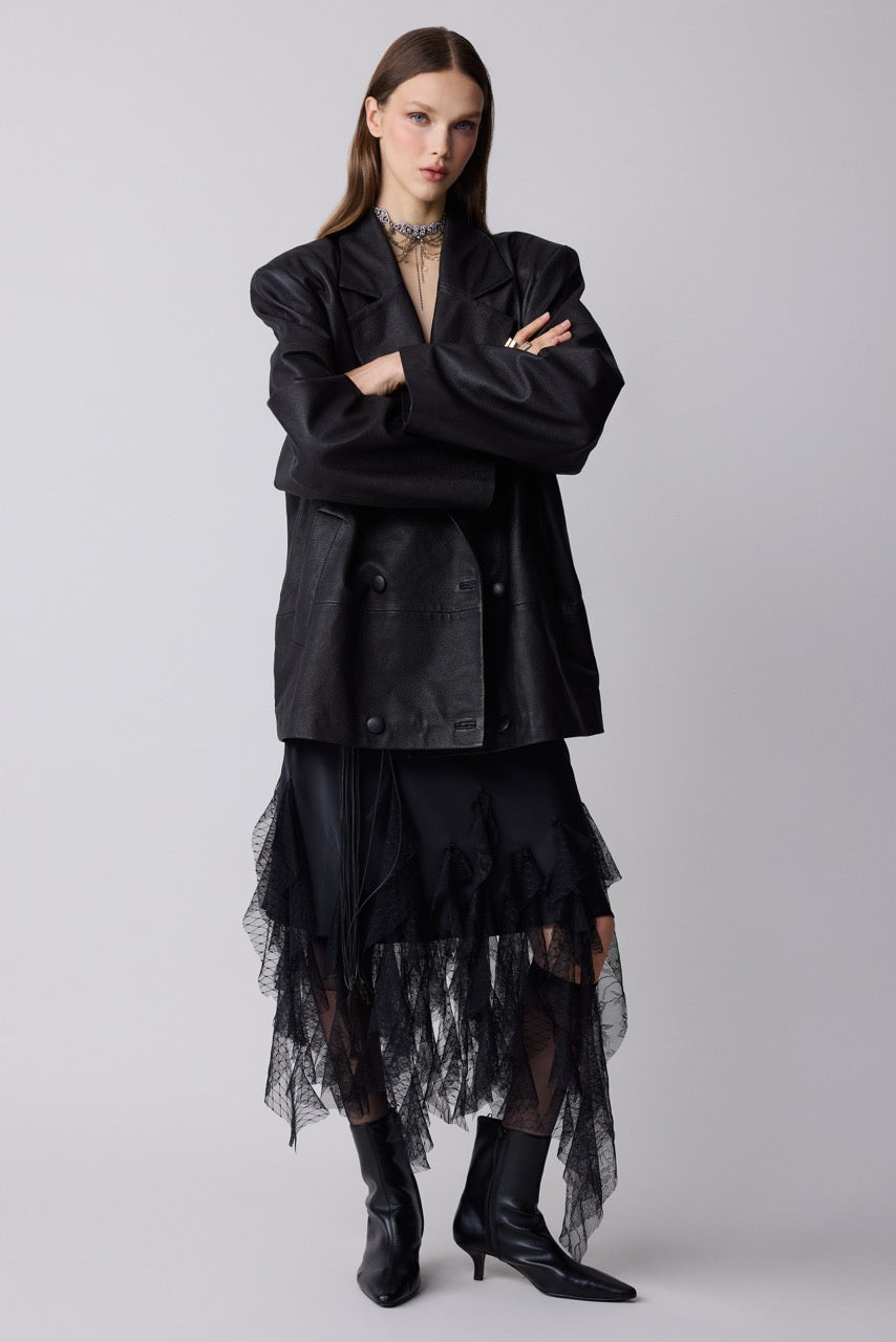 Obsidian Black Leather Blazer Jacket by Natalie Kolyozyan, Relief AW26, Look 7 campaign image, view 2