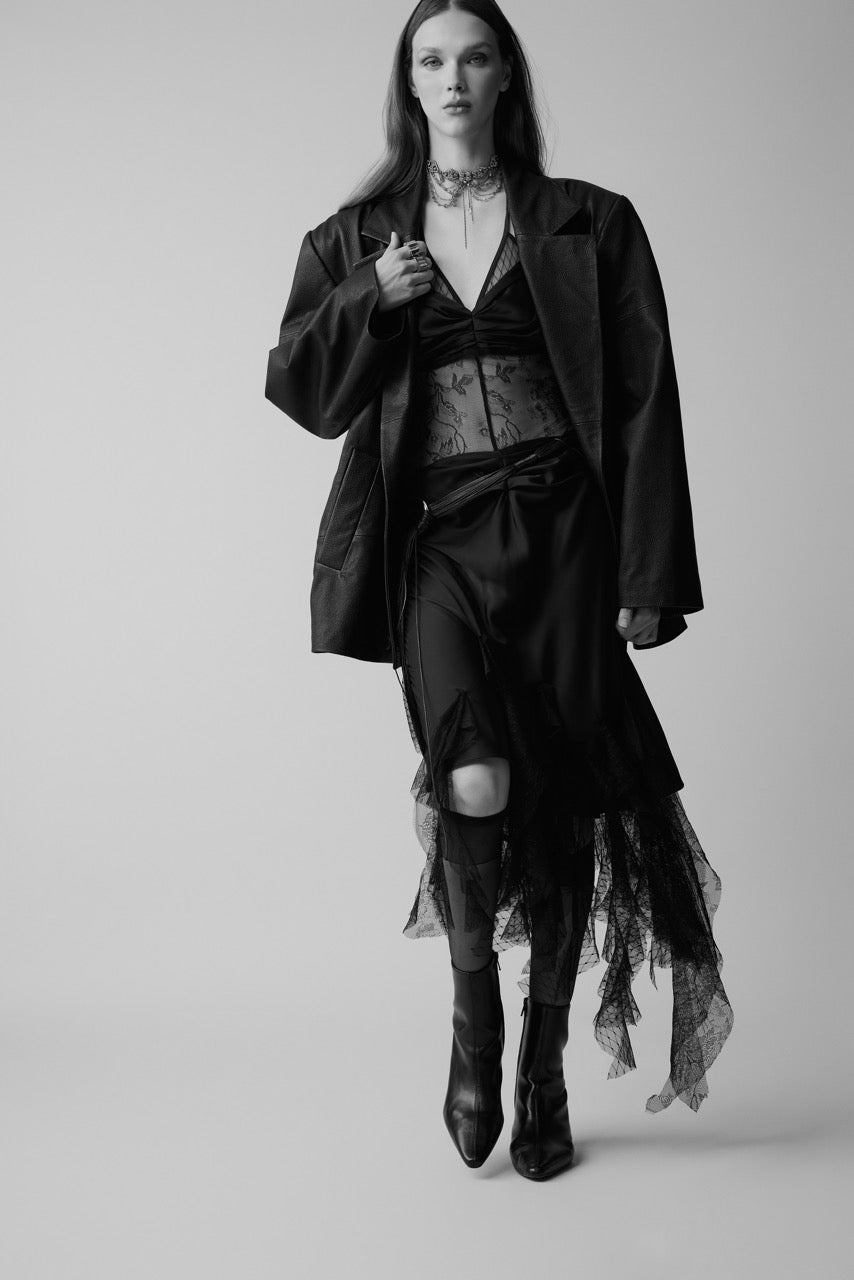 Obsidian Black Leather Blazer Jacket by Natalie Kolyozyan, Relief AW26, Look 7 campaign image, view 3