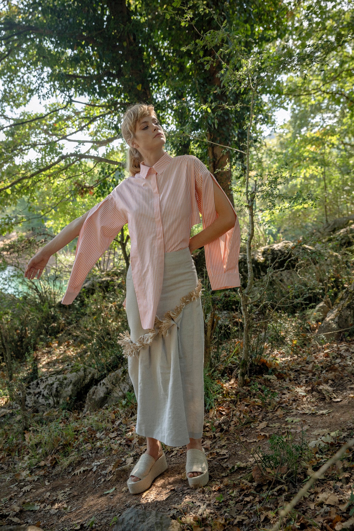Poplin Striped Shirt Fray Fringed Trousers by Natalie Kolyozyan, Ripple SS19