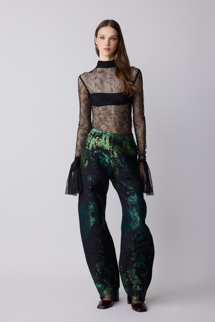 Malachite Green Jacquard Barrel Trousers by Natalie Kolyozyan, Relief AW26