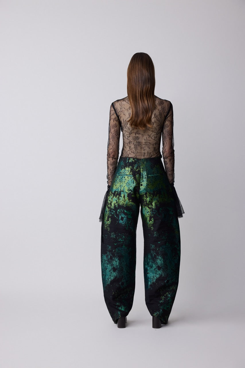 Malachite Green Jacquard Barrel Trousers by Natalie Kolyozyan, Relief AW26, view 2