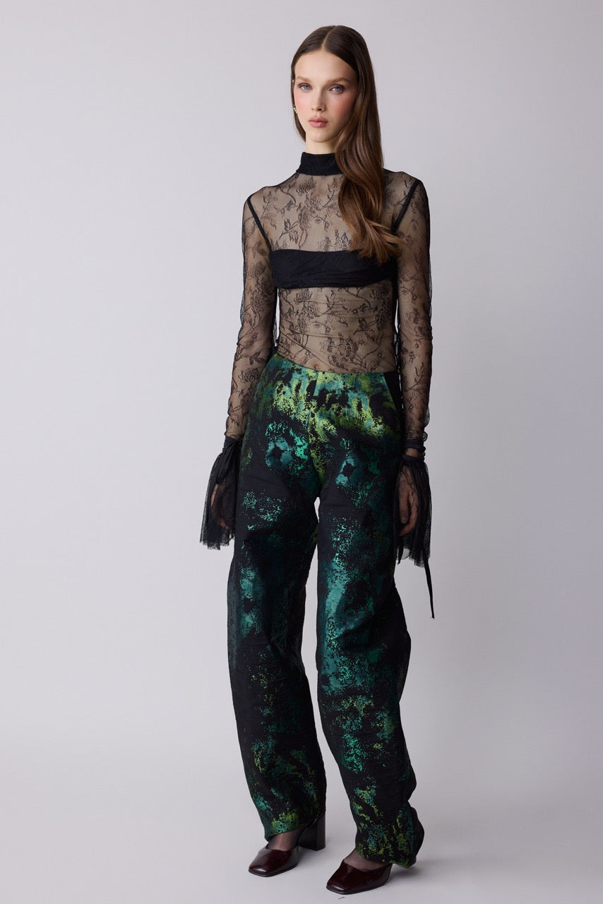 Malachite Green Jacquard Barrel Trousers by Natalie Kolyozyan, Relief AW26, Look 9 campaign image